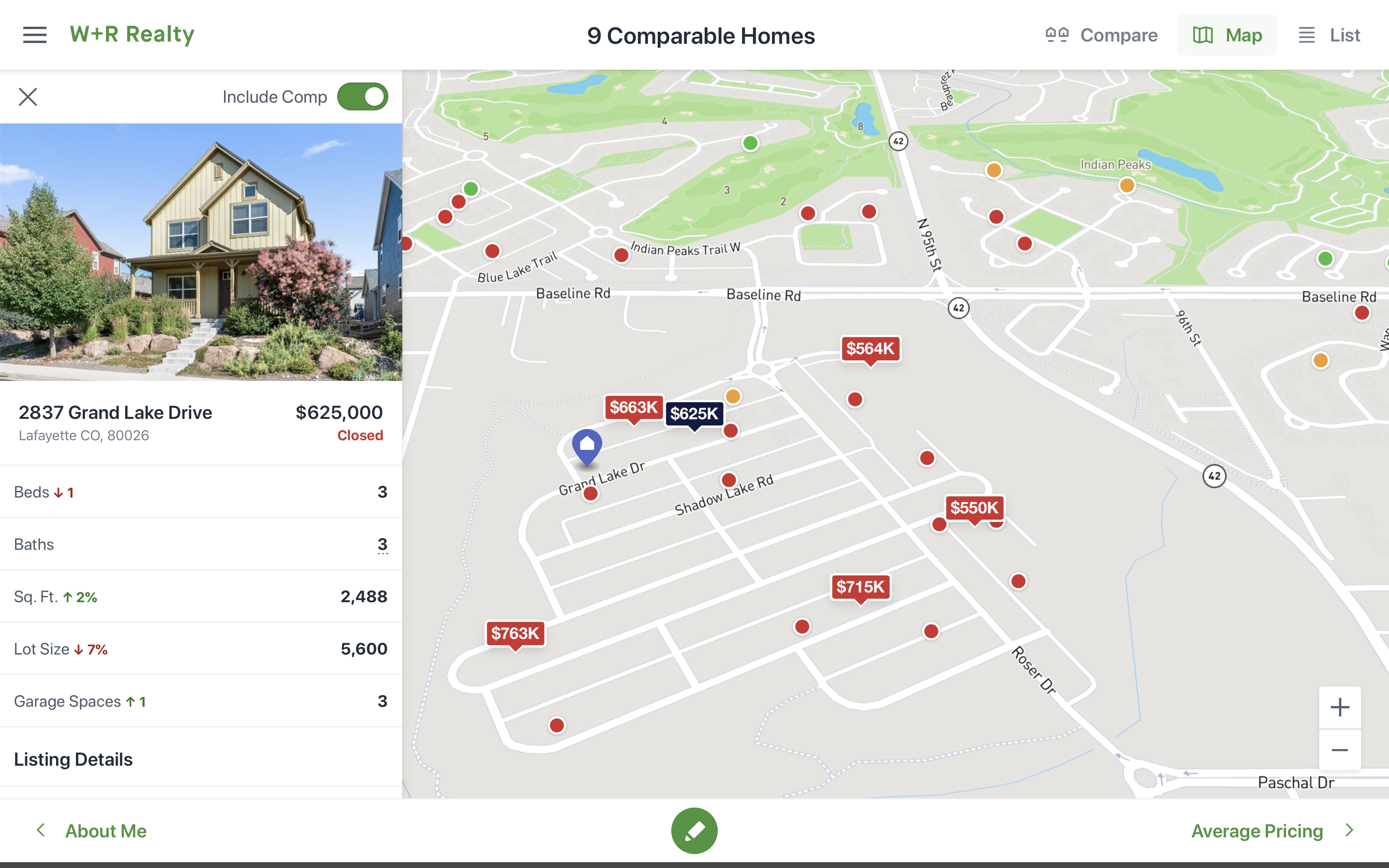 A map display all the comparables inside of Cloud CMA Live