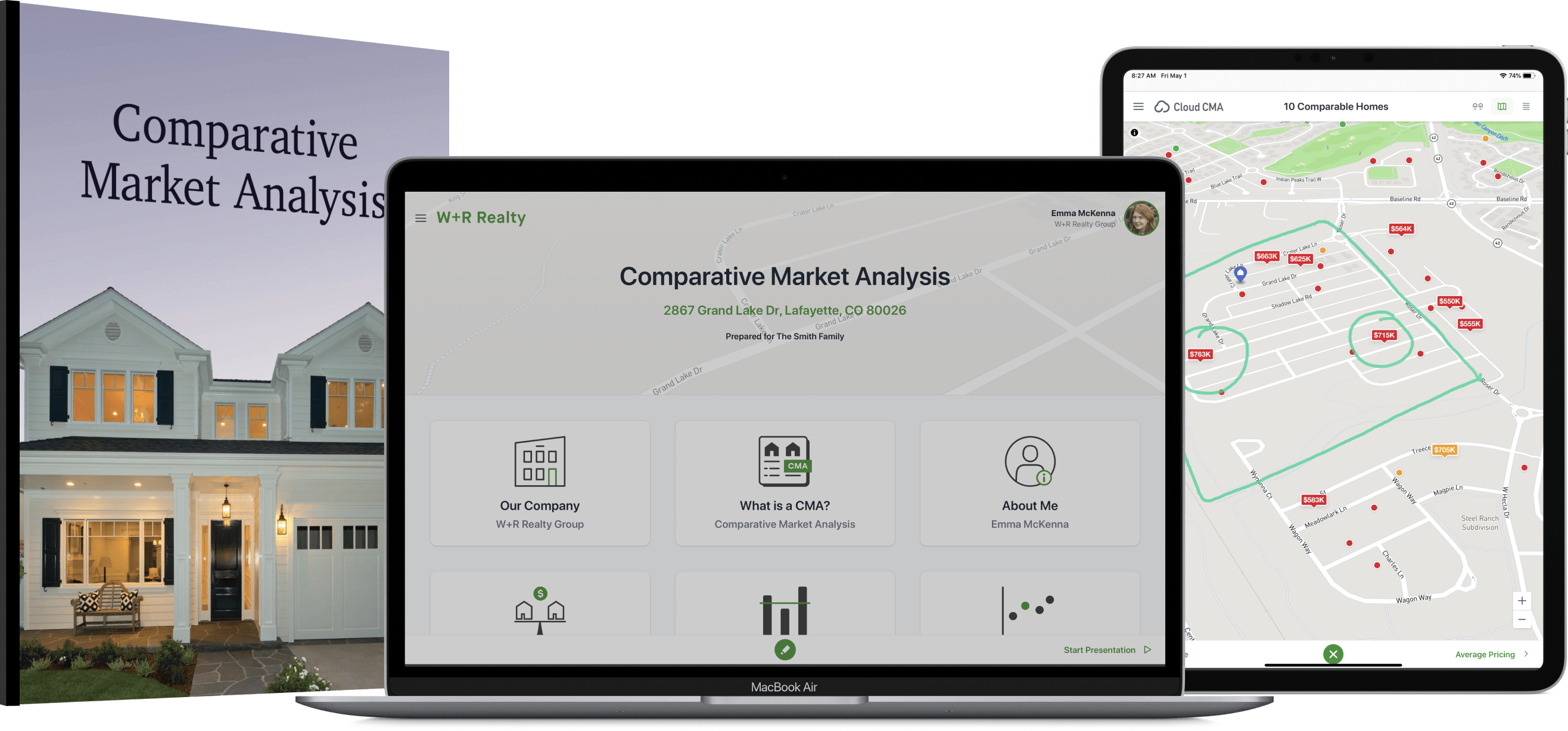 A laptop and tablet display the Cloud CMA Live Product along side of a Cloud CMA PDF report