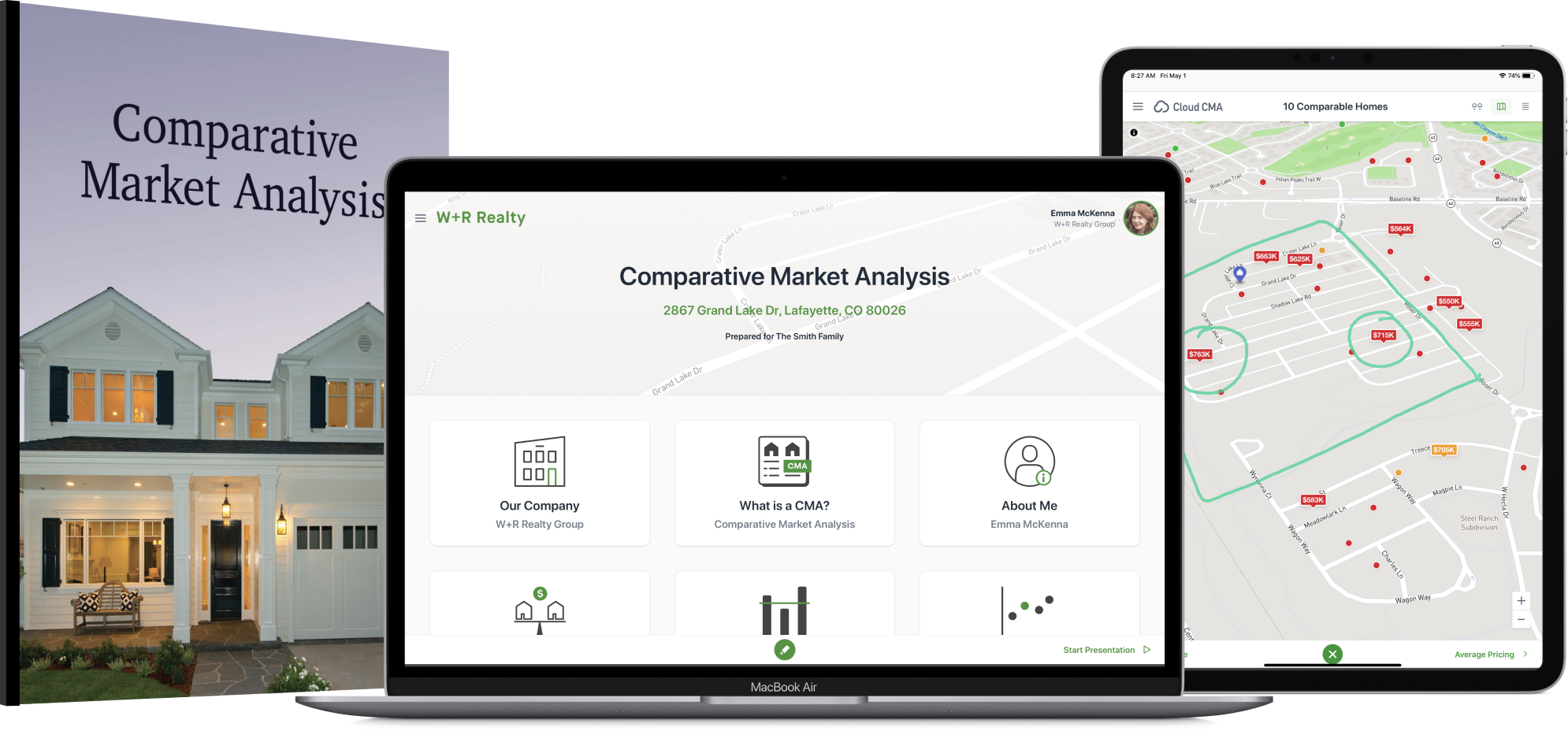 A Cloud CMA PDF report with a table and laptop displaying Live CMA.