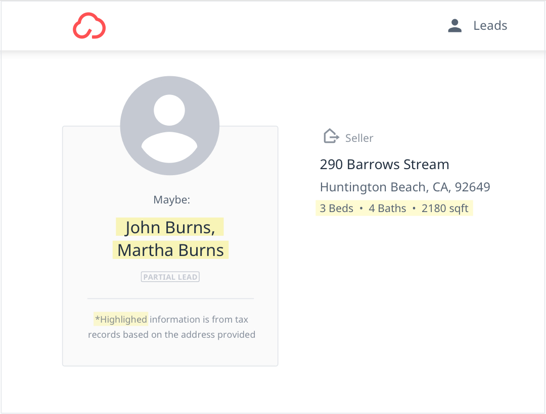 A lead card shows highlighted partial information populated from tax data