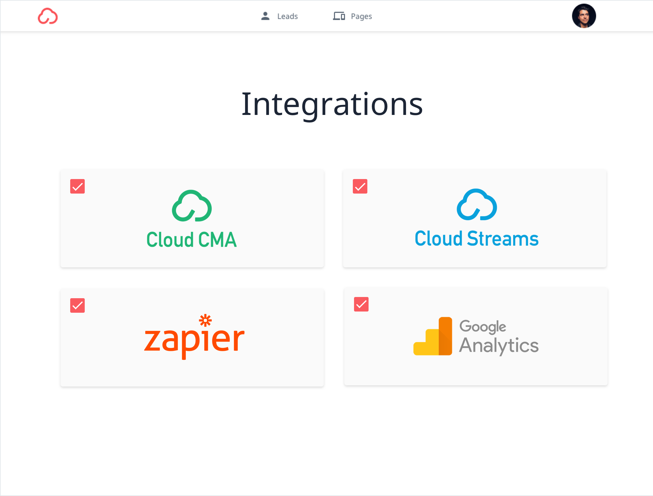 A grid of cards with red checkmarks in their top-left corner are displayed, each featuring a single integration option from among Cloud CMA, Cloud Streams, Google Analytics, and WordPress.